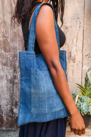 African Indigo, Dyed Faded Blue Cotton Fabric, Tote Bag Handbag