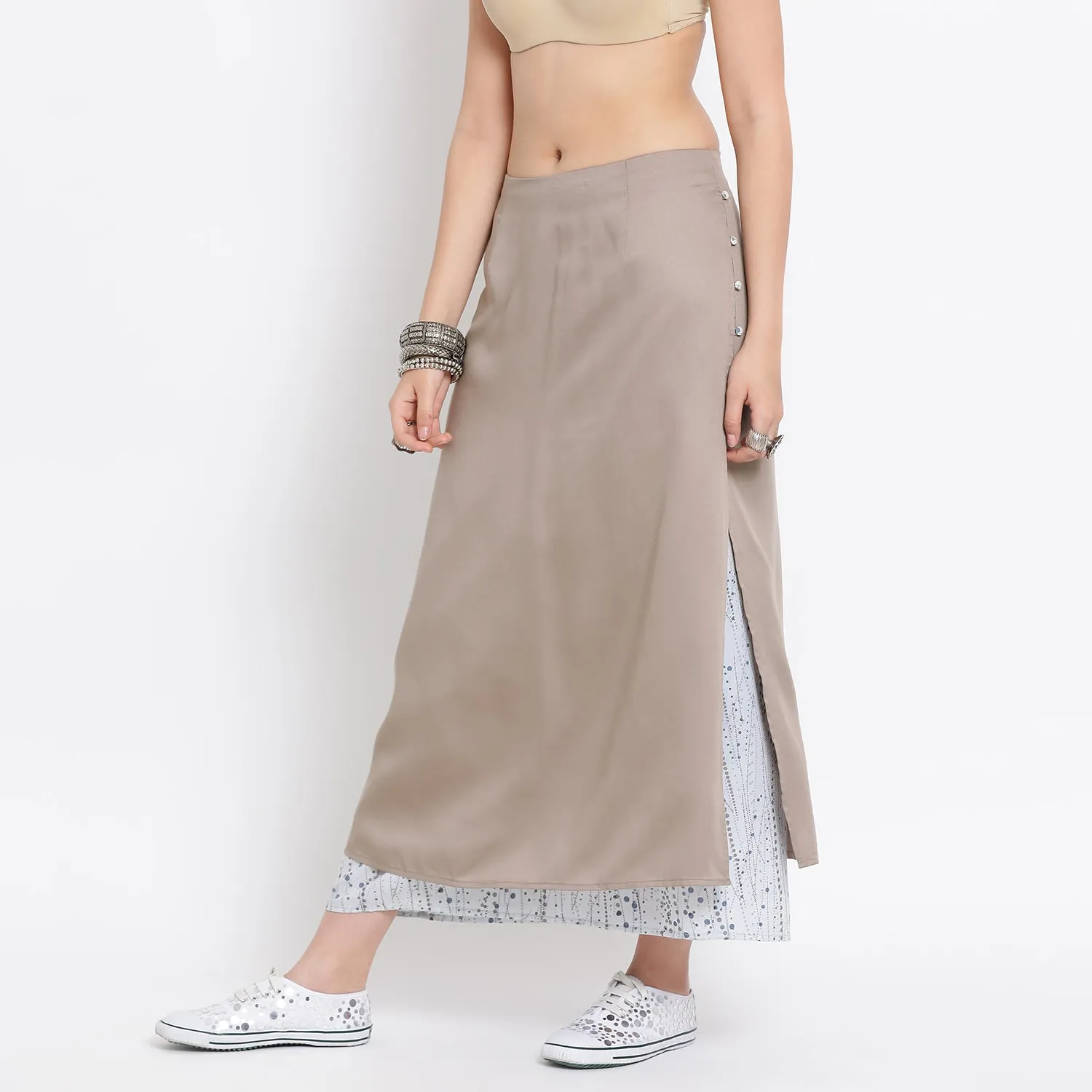 Grey printed viscose double layer long skirt
