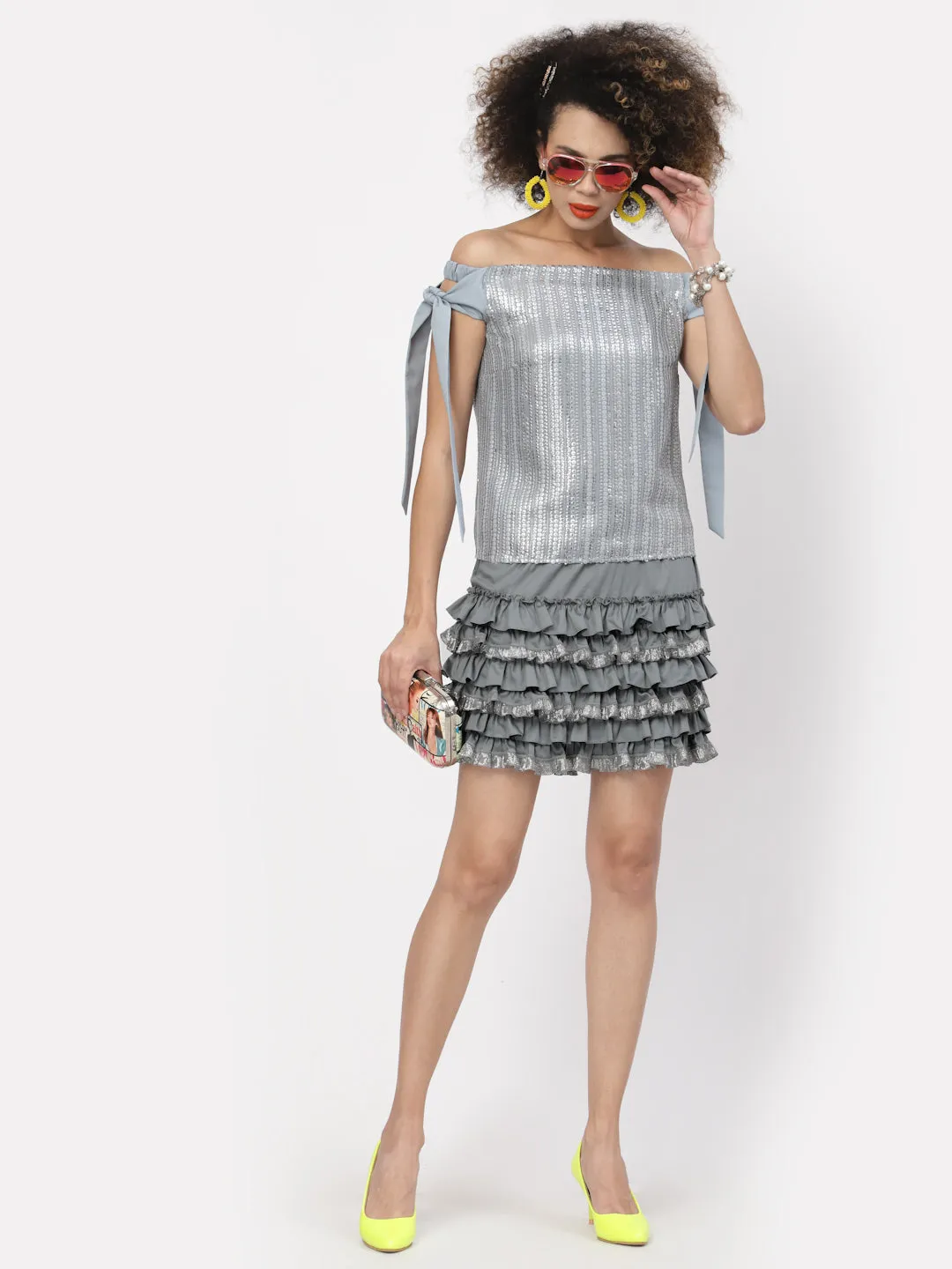 Grey Short Layered Skirt With Frill