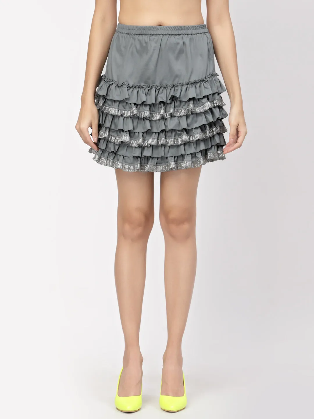 Grey Short Layered Skirt With Frill
