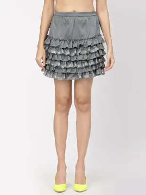 Grey Short Layered Skirt With Frill