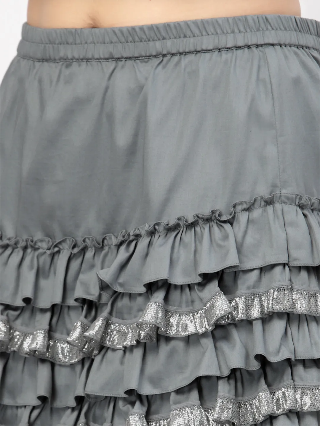 Grey Short Layered Skirt With Frill