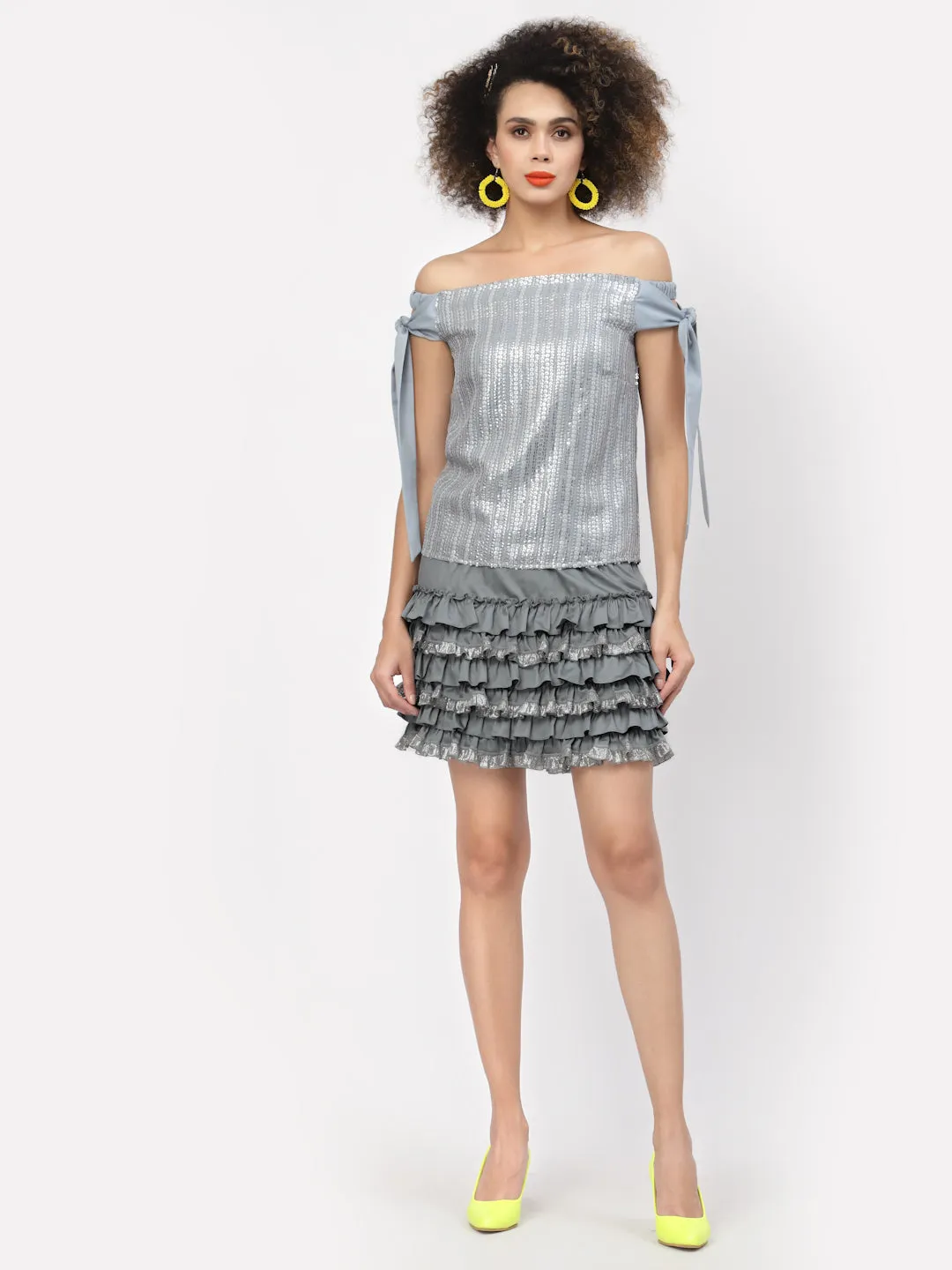 Grey Short Layered Skirt With Frill