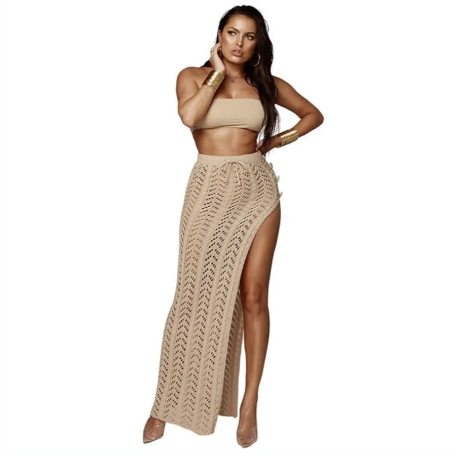 High Slit Crochet Knitted Maxi Skirt