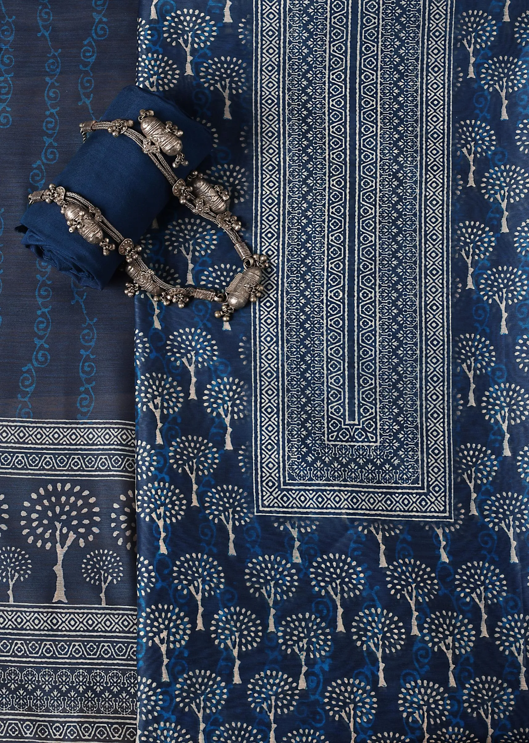Indigo Printed Chanderi Unstitch Dress Material Set