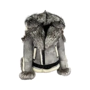 Men's Silver Fox Trimmed Biker Shearling Jacket Style # 3004