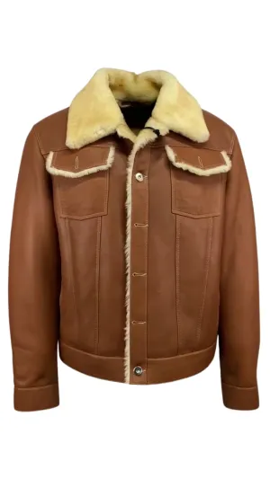 Men's Tan Color Denim Shearling Jacket Style # 2023