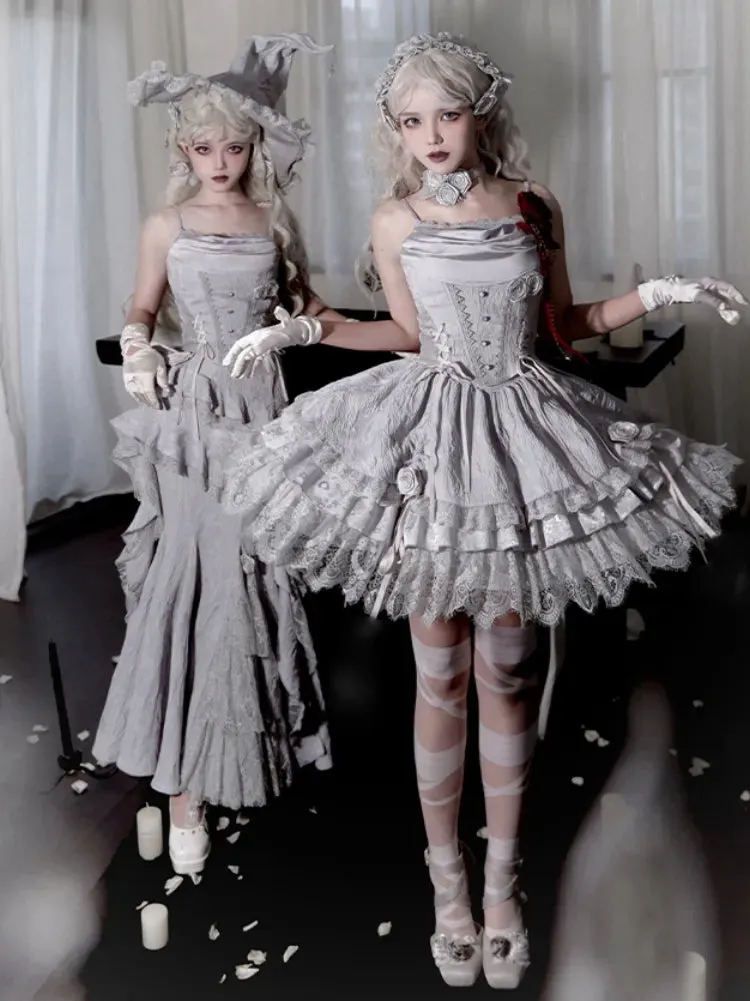 Silver Gray Drawstring Detail Gothic Lolita Layered Skirt