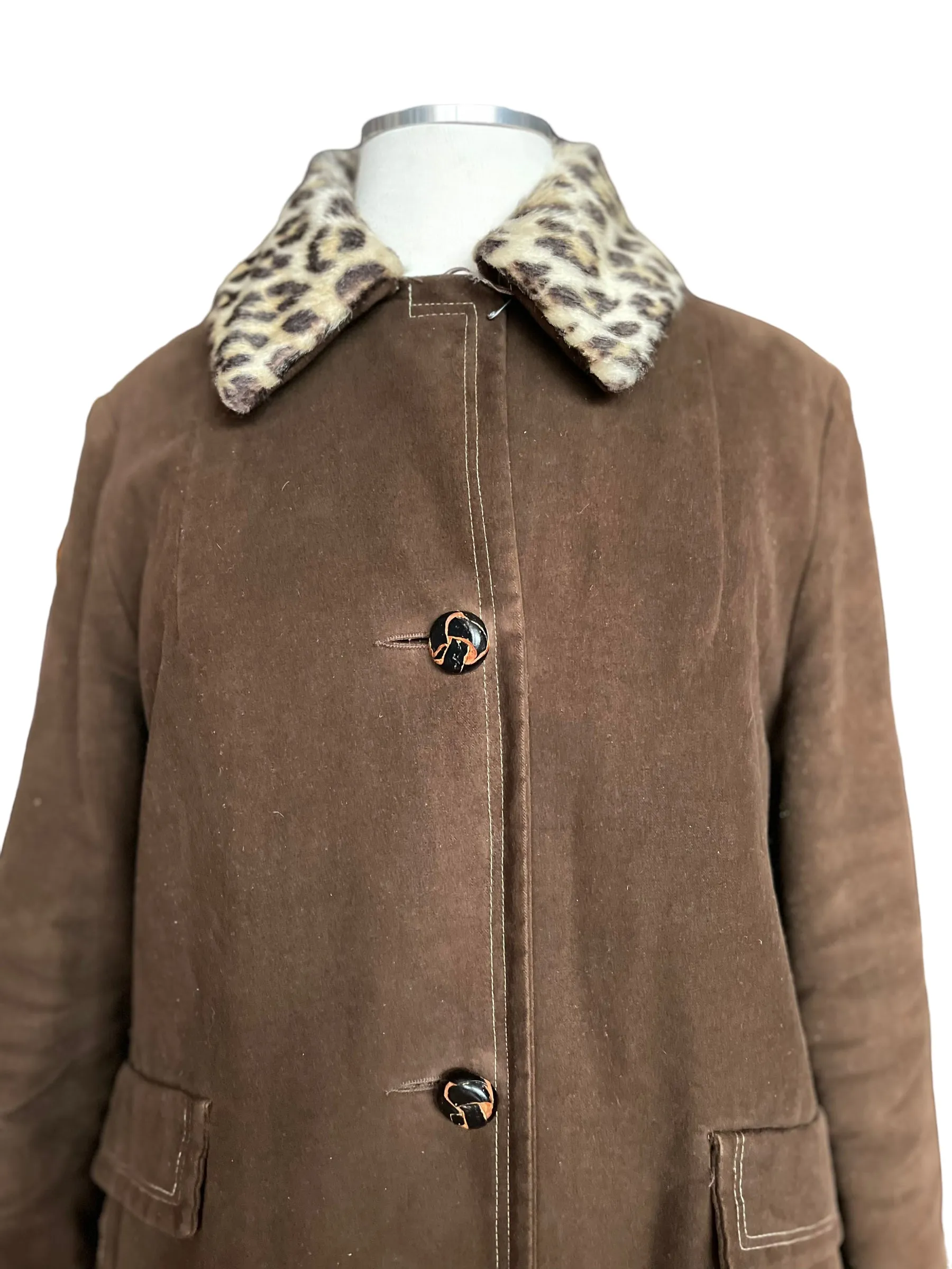 Vintage 1960s Lanson Brown Coat with Leopard Fur Collar SZ M-L