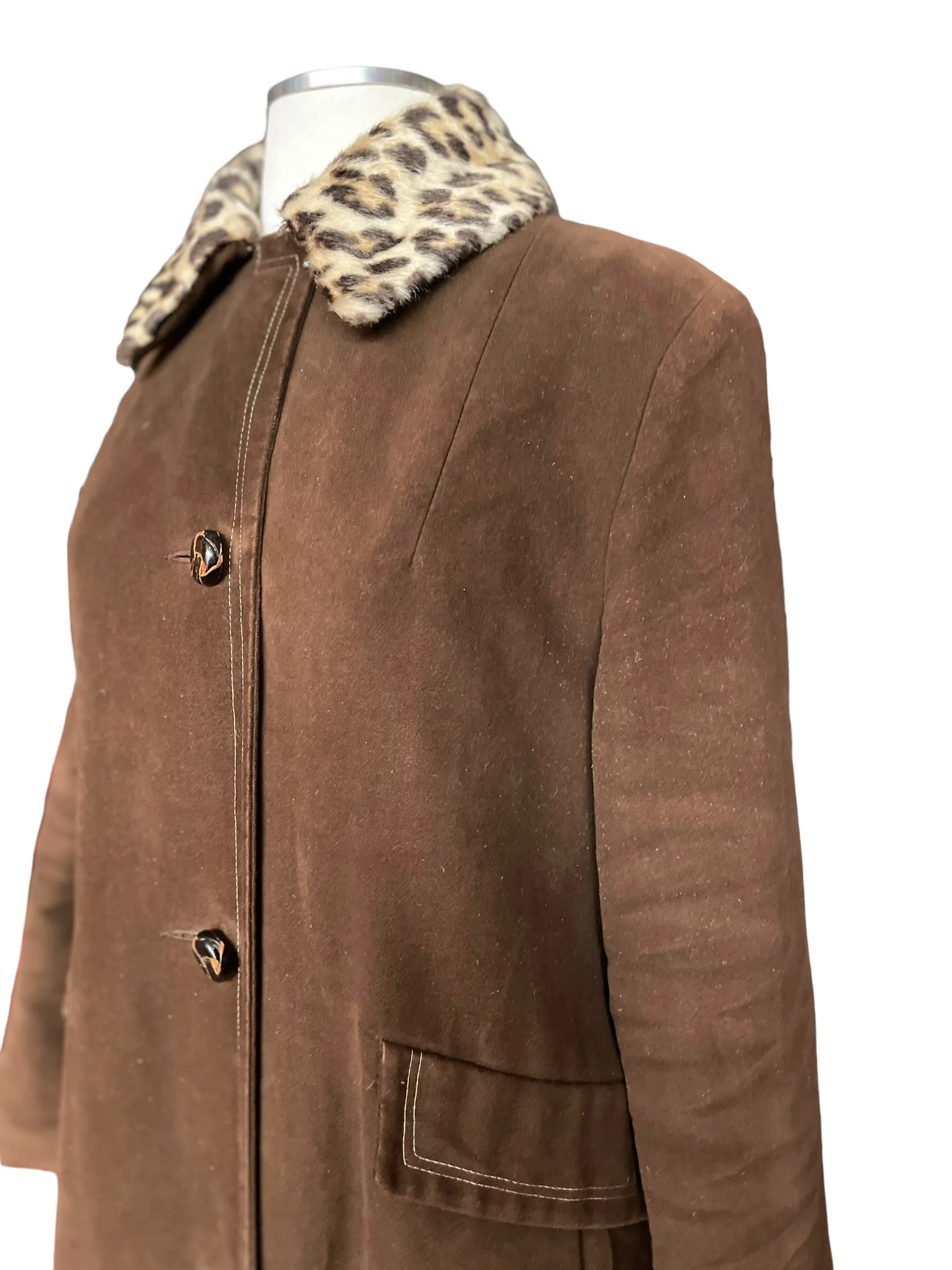 Vintage 1960s Lanson Brown Coat with Leopard Fur Collar SZ M-L