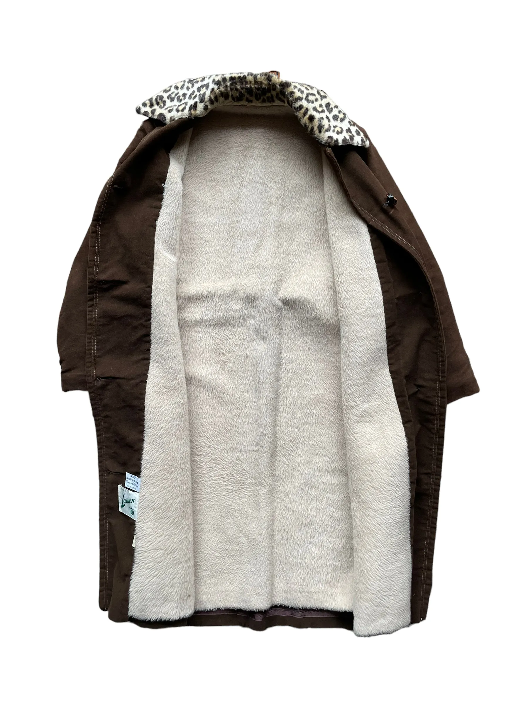 Vintage 1960s Lanson Brown Coat with Leopard Fur Collar SZ M-L