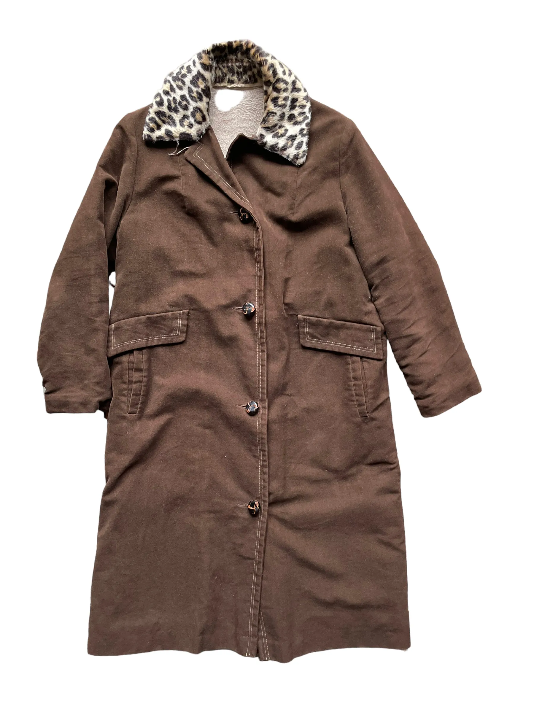 Vintage 1960s Lanson Brown Coat with Leopard Fur Collar SZ M-L