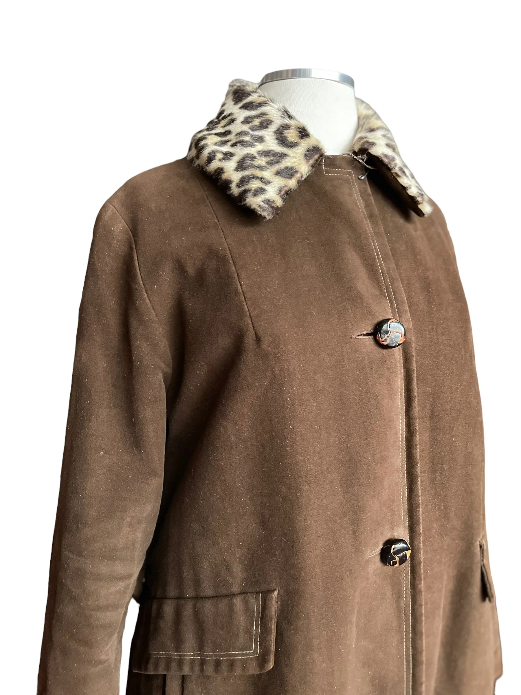 Vintage 1960s Lanson Brown Coat with Leopard Fur Collar SZ M-L