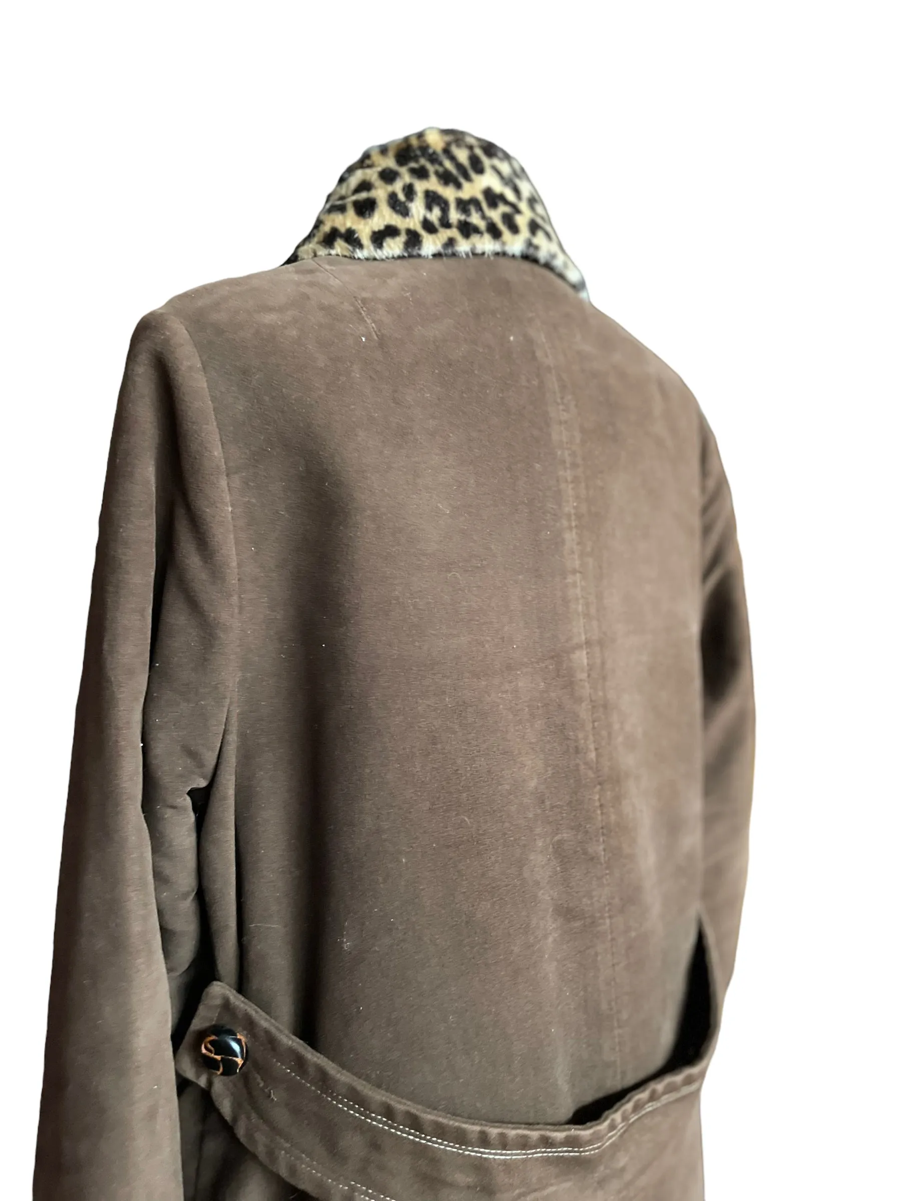 Vintage 1960s Lanson Brown Coat with Leopard Fur Collar SZ M-L