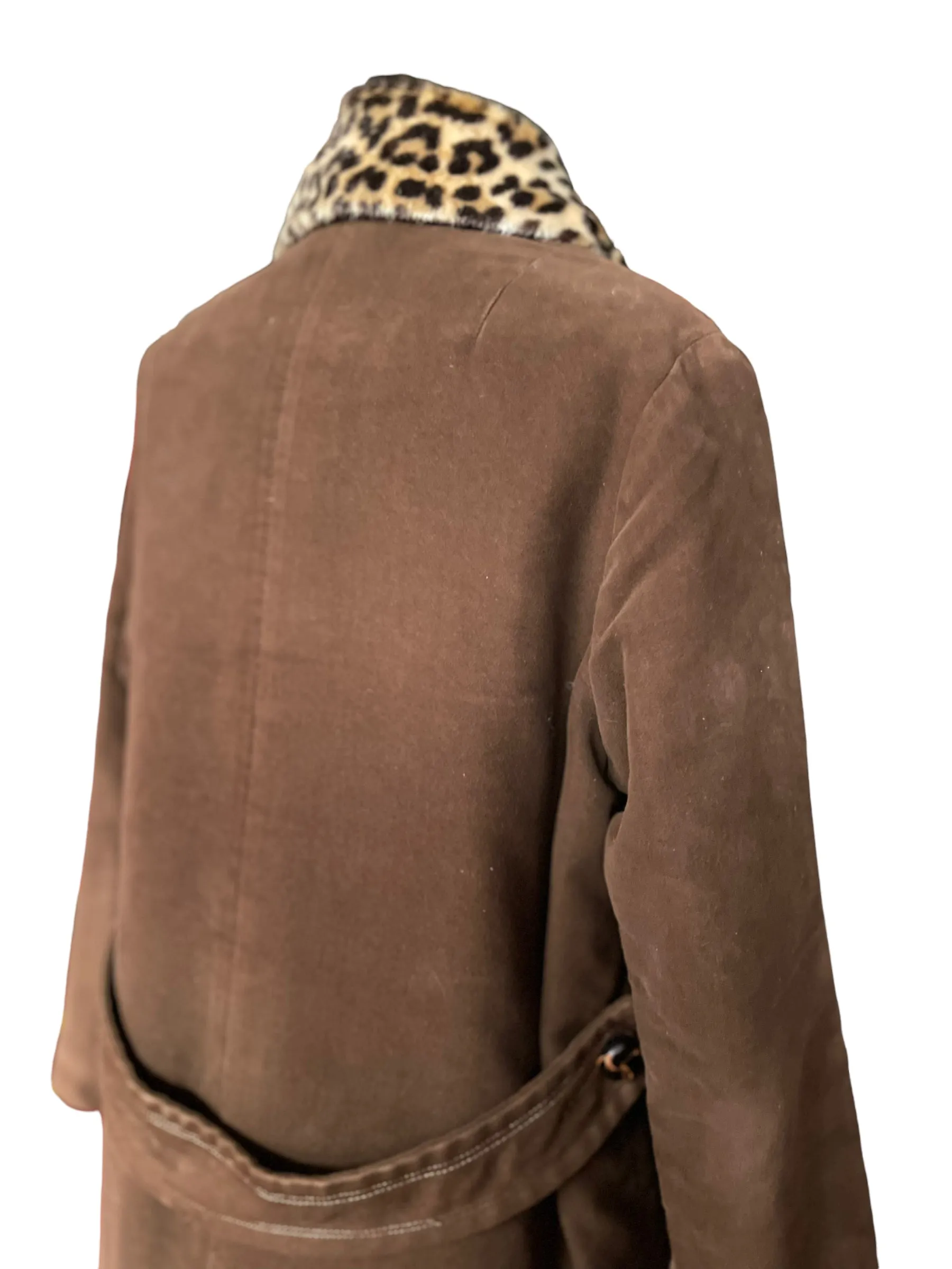 Vintage 1960s Lanson Brown Coat with Leopard Fur Collar SZ M-L