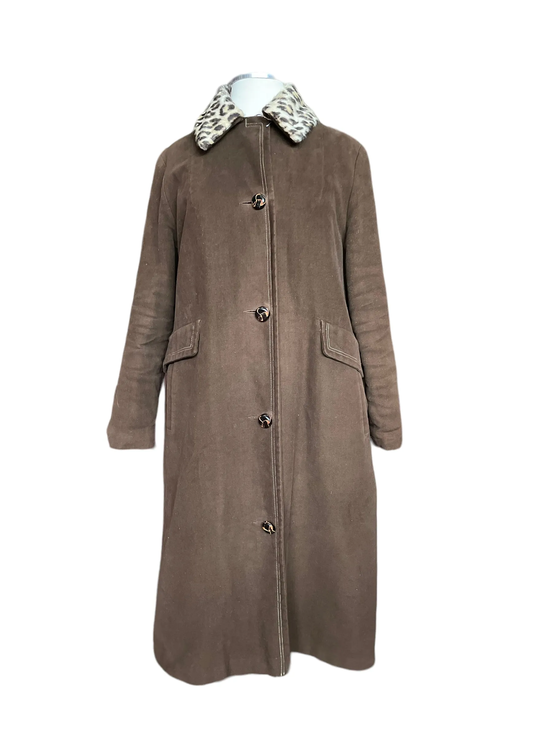 Vintage 1960s Lanson Brown Coat with Leopard Fur Collar SZ M-L