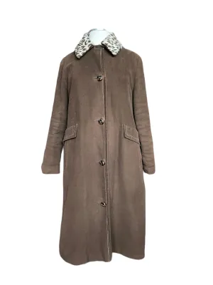 Vintage 1960s Lanson Brown Coat with Leopard Fur Collar SZ M-L