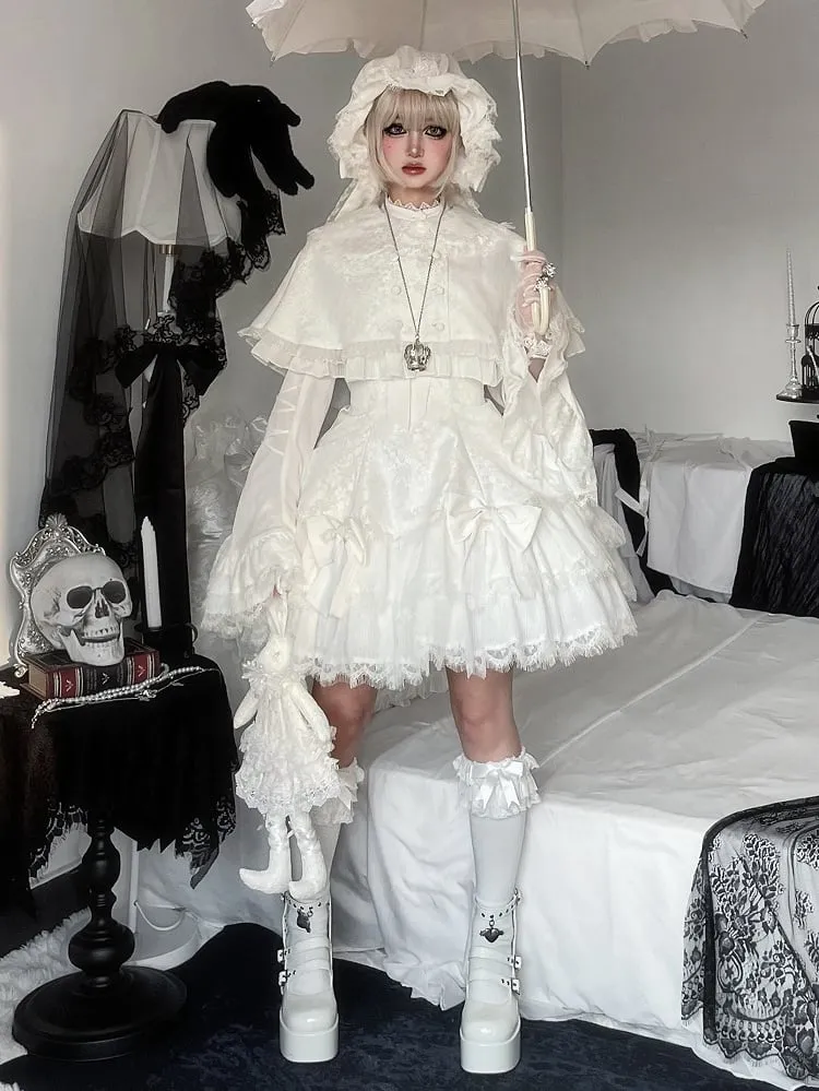 White Bowknots Decorated Double Layered Hemline Shiro Gothic Lolita Jumper Skirt
